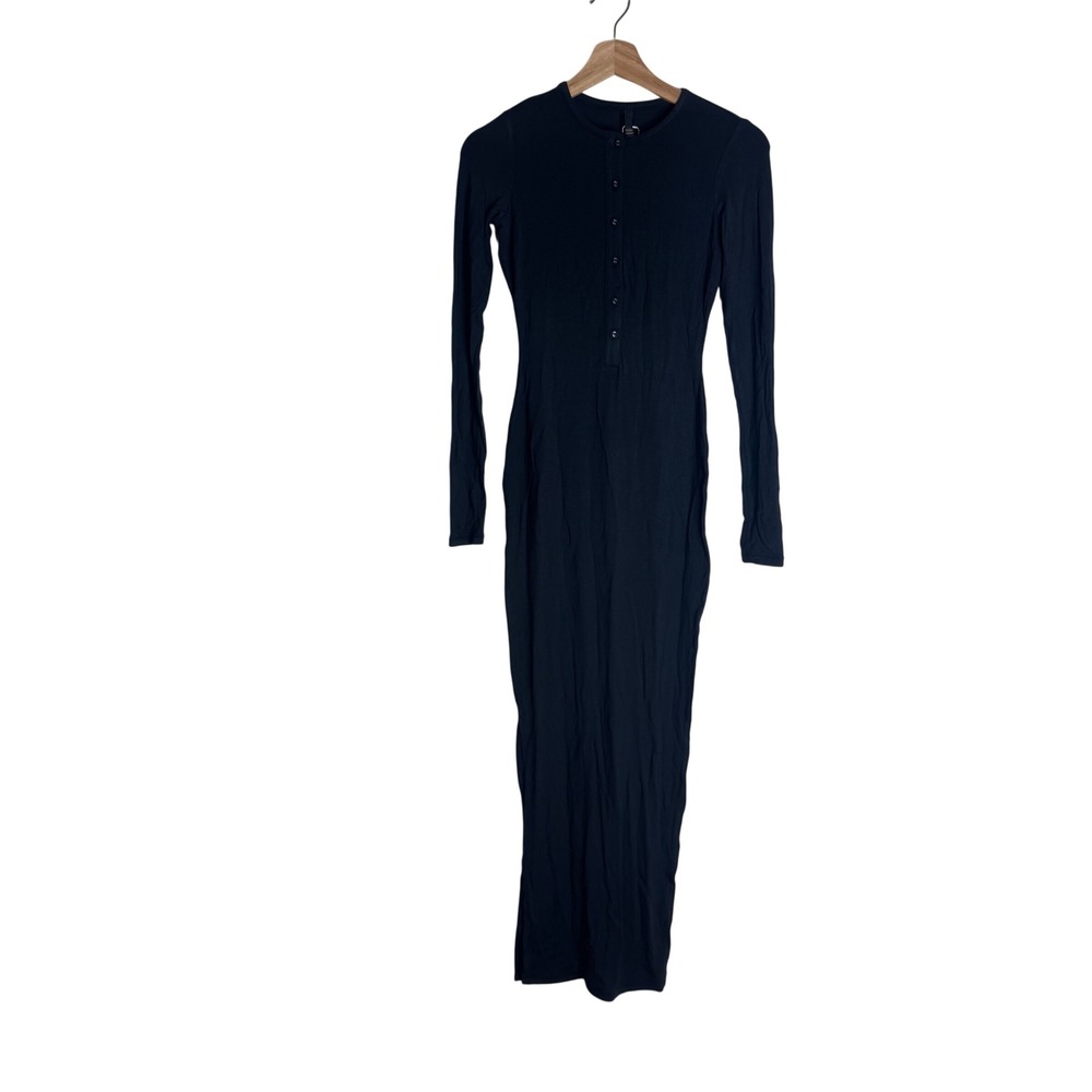 SKIMS Sleep Dress Women's Long Sleeve Henley Maxi Onyx Black XS